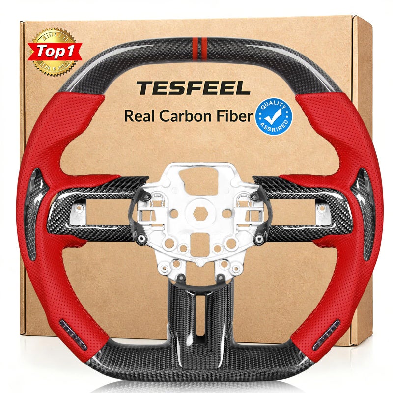 TESFEEL Real Carbon Fiber Steering Wheel for Ford Mustang 20152017 DoubleD Design Flat Top  Bottom Red Nappa Leather with Black Insert  Matching Trim for EcoBoostGTGT350GT350R